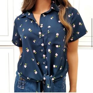 J. Crew Mercantile Navy Floral Tie Front Top M EUC